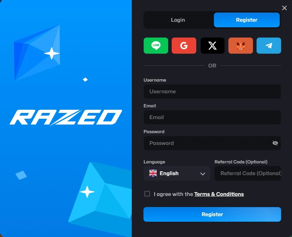 Razed Casino register account form page
